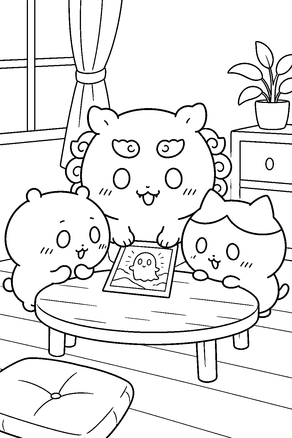 chiikawa shisa inspecting a mysterious photograph with chiikawa and hachiware line art