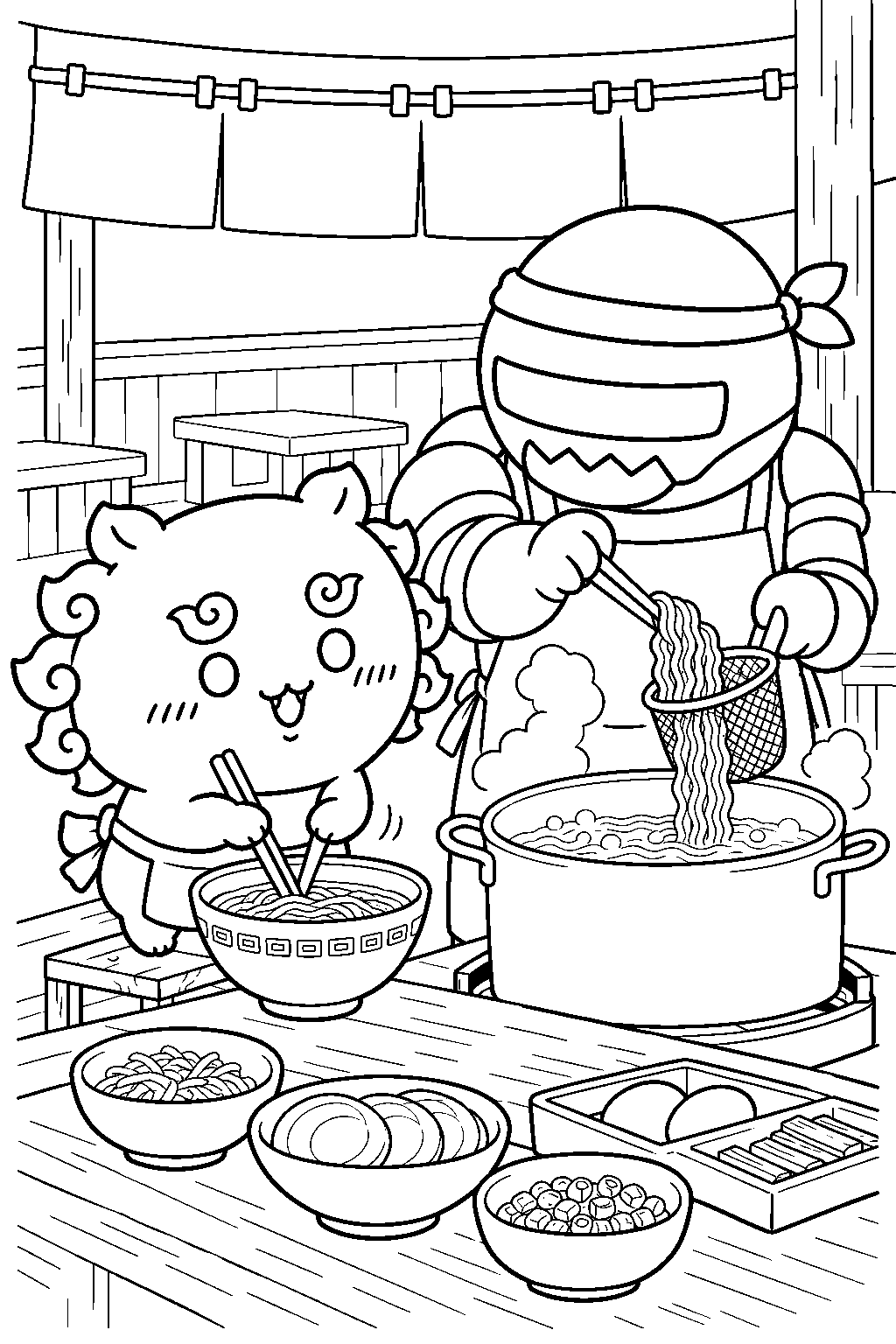 chiikawa shisa learning to make ramen from ramen yoroi san line art