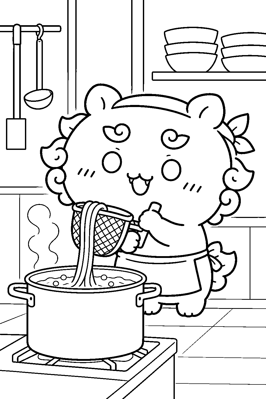 chiikawa shisa lifting noodles with a strainer in the ramen shop kitchen line art