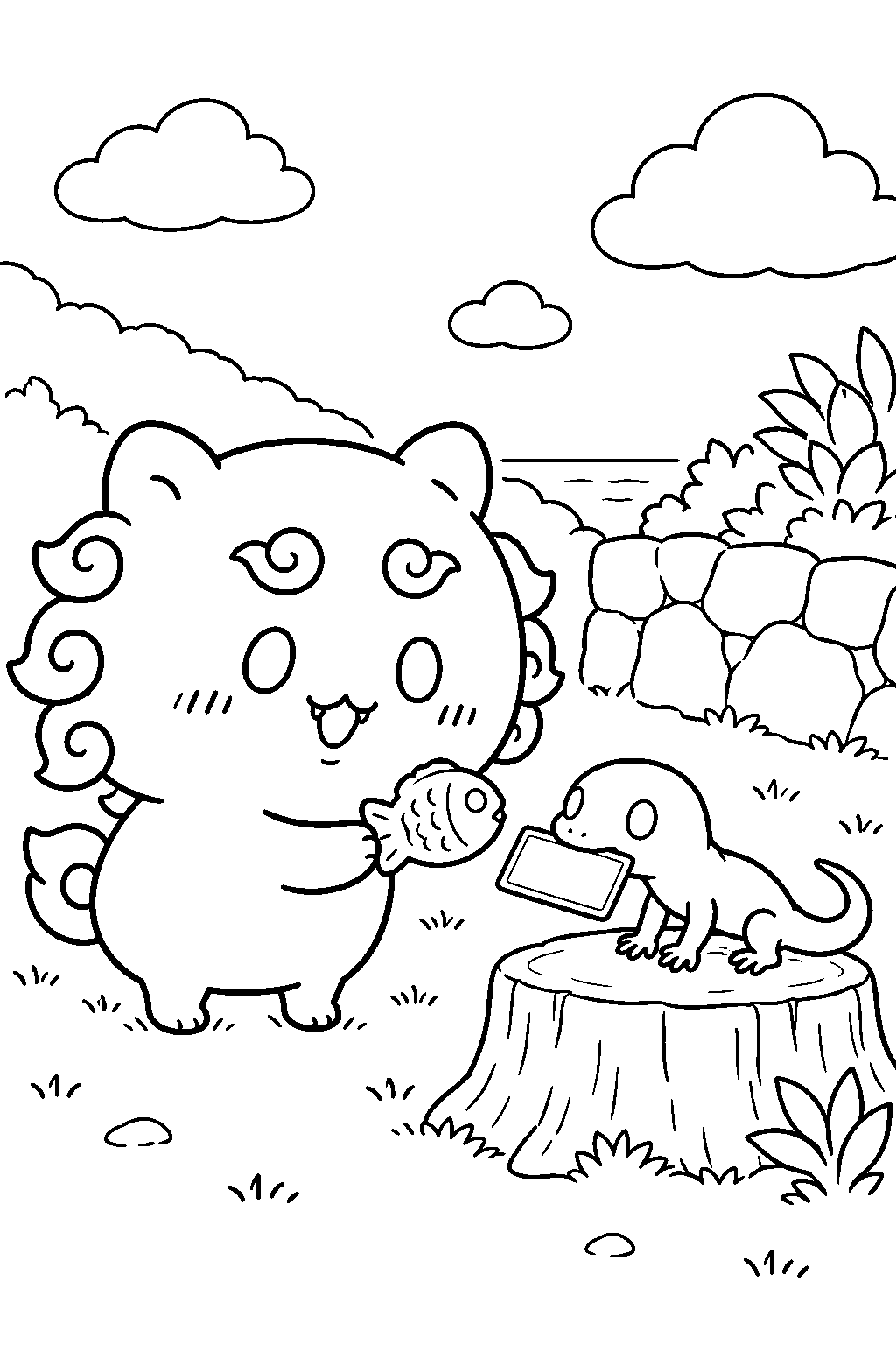 chiikawa shisa offering a fish cake to a lizard holding kurimanju s lost license line art