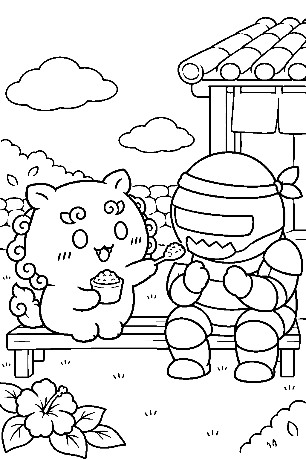 chiikawa shisa offering pink genmai dessert to ramen yoroi san line art