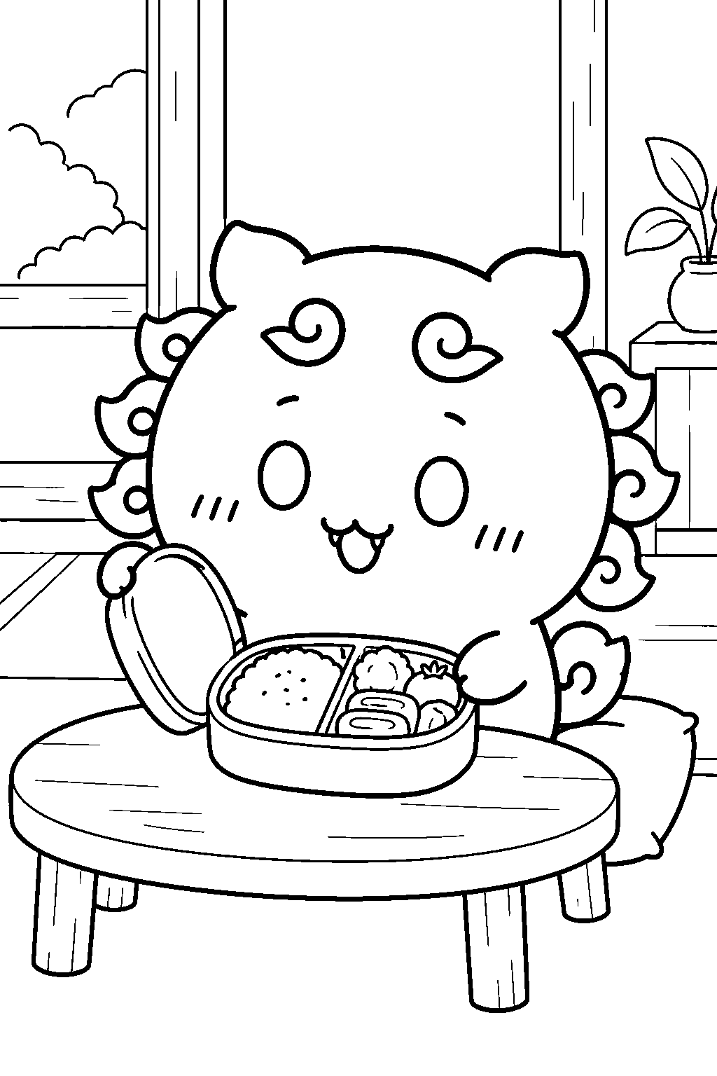 chiikawa shisa opening a homemade lunch box line art