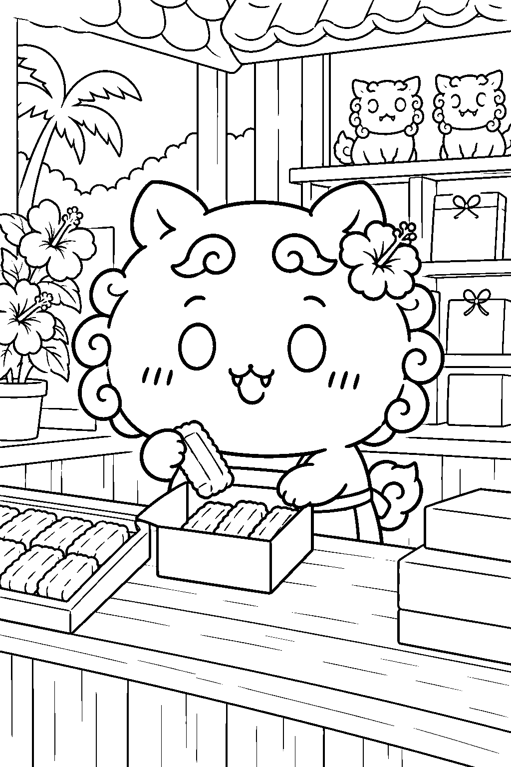 chiikawa shisa packing chinsuko cookies at an okinawa souvenir shop line art