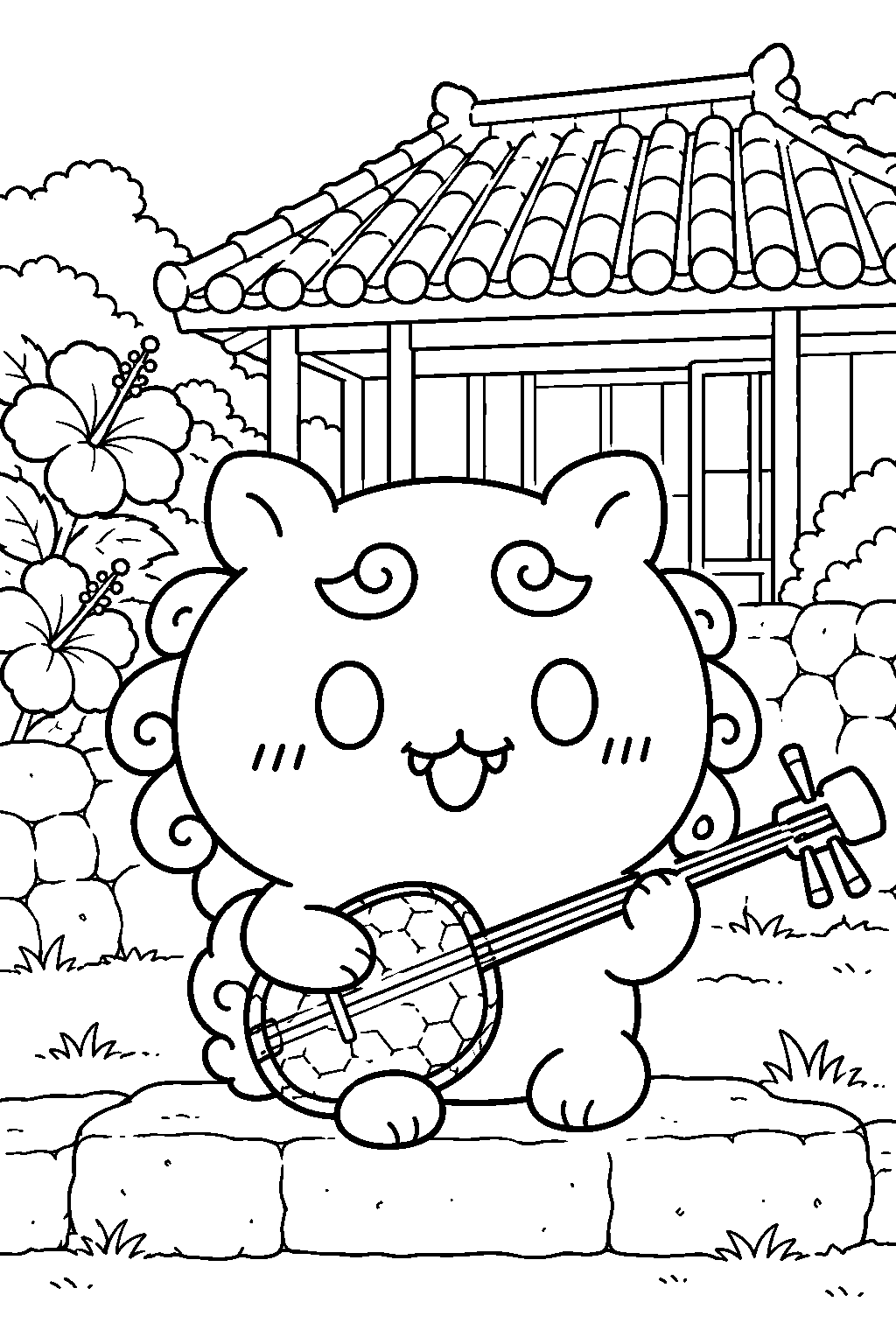 chiikawa shisa playing the sanshin outside a traditional okinawa house line art