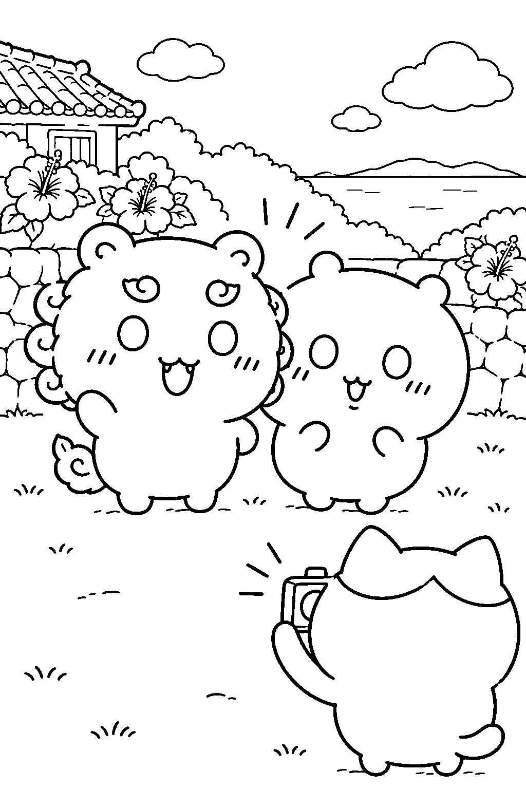 chiikawa shisa posing with chiikawa while hachiware takes a photograph line art
