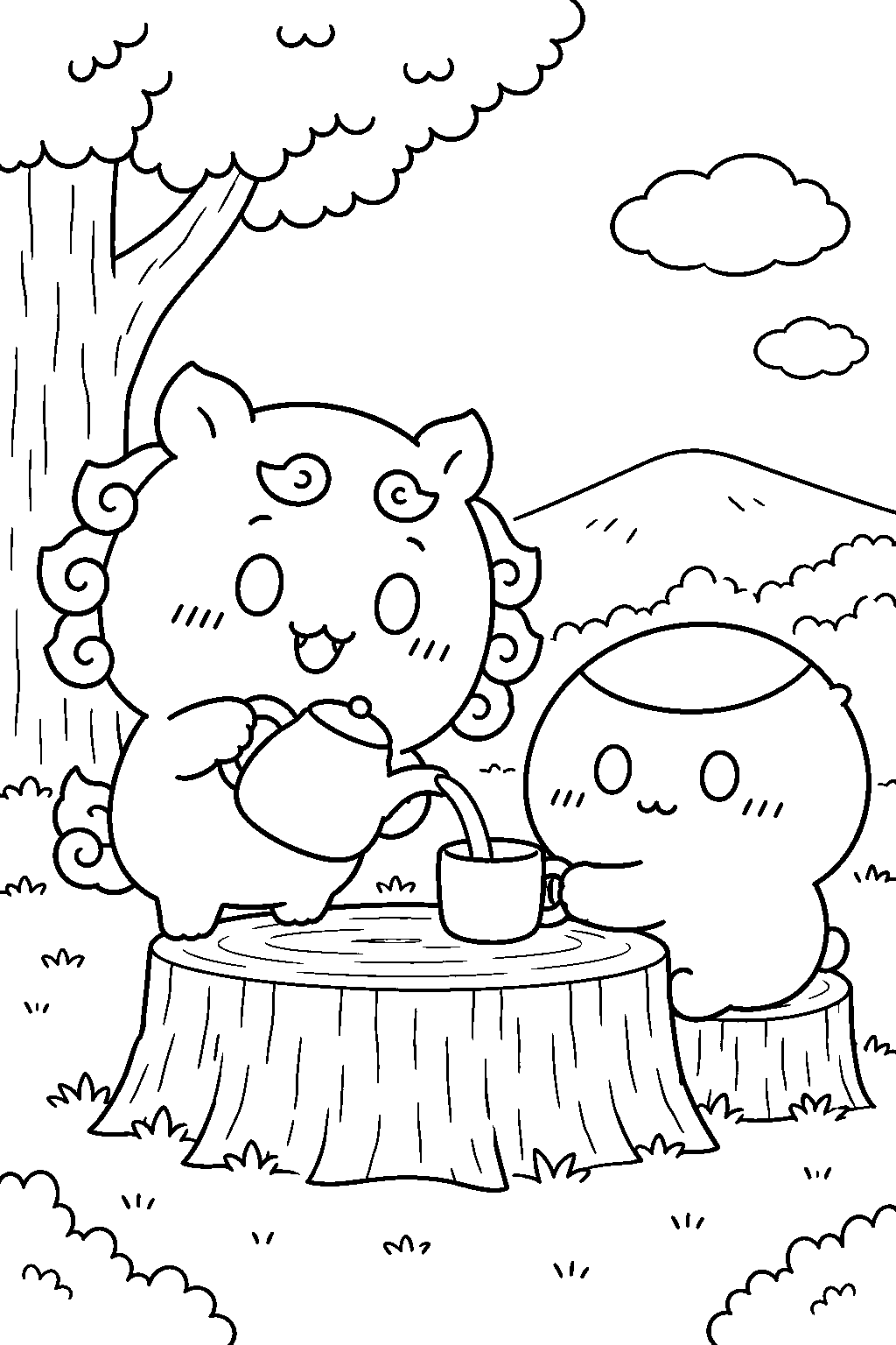 chiikawa shisa pouring coffee for kurimanju at a tree stump line art