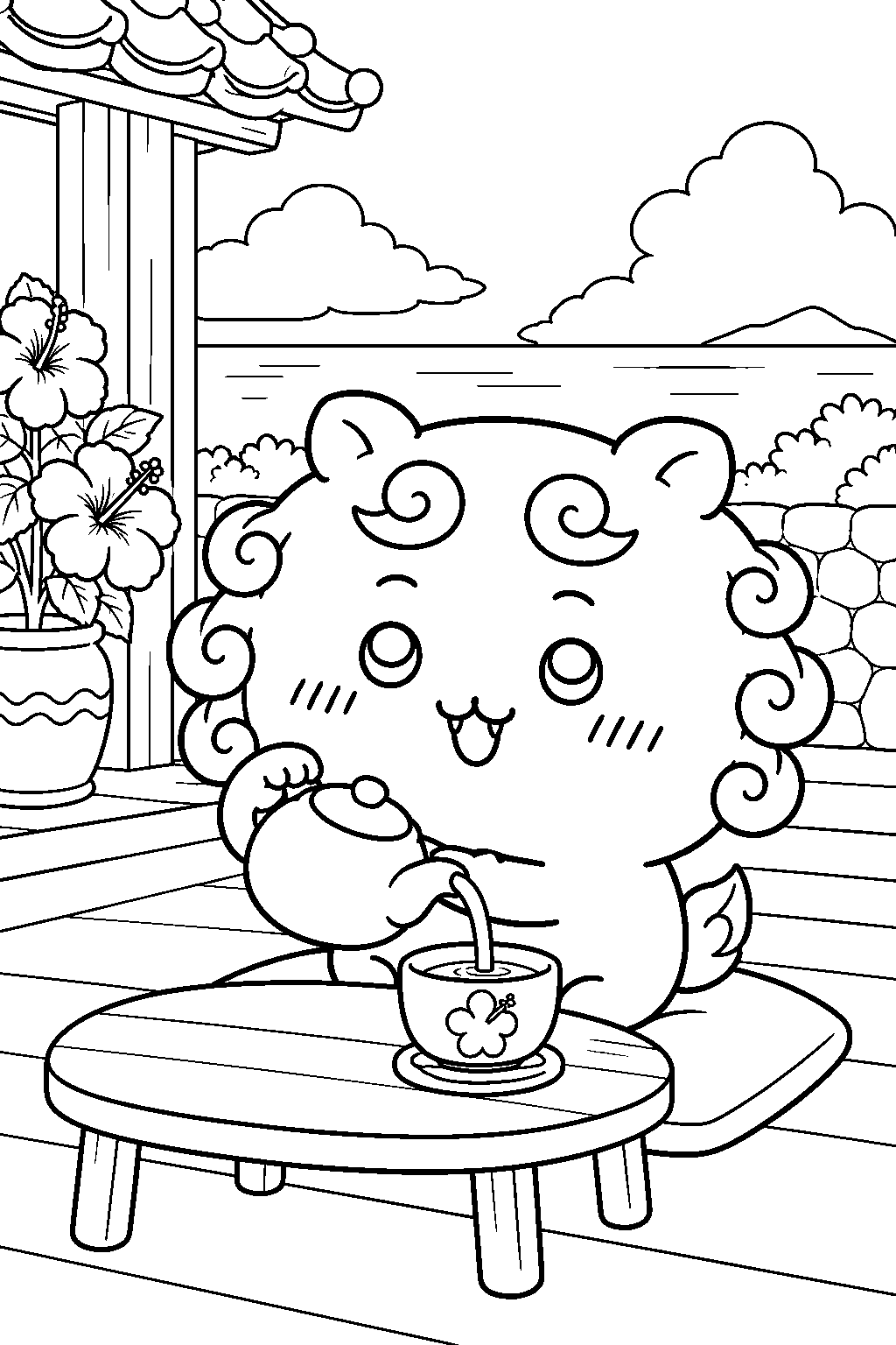 chiikawa shisa pouring sanpin jasmine tea during a break line art