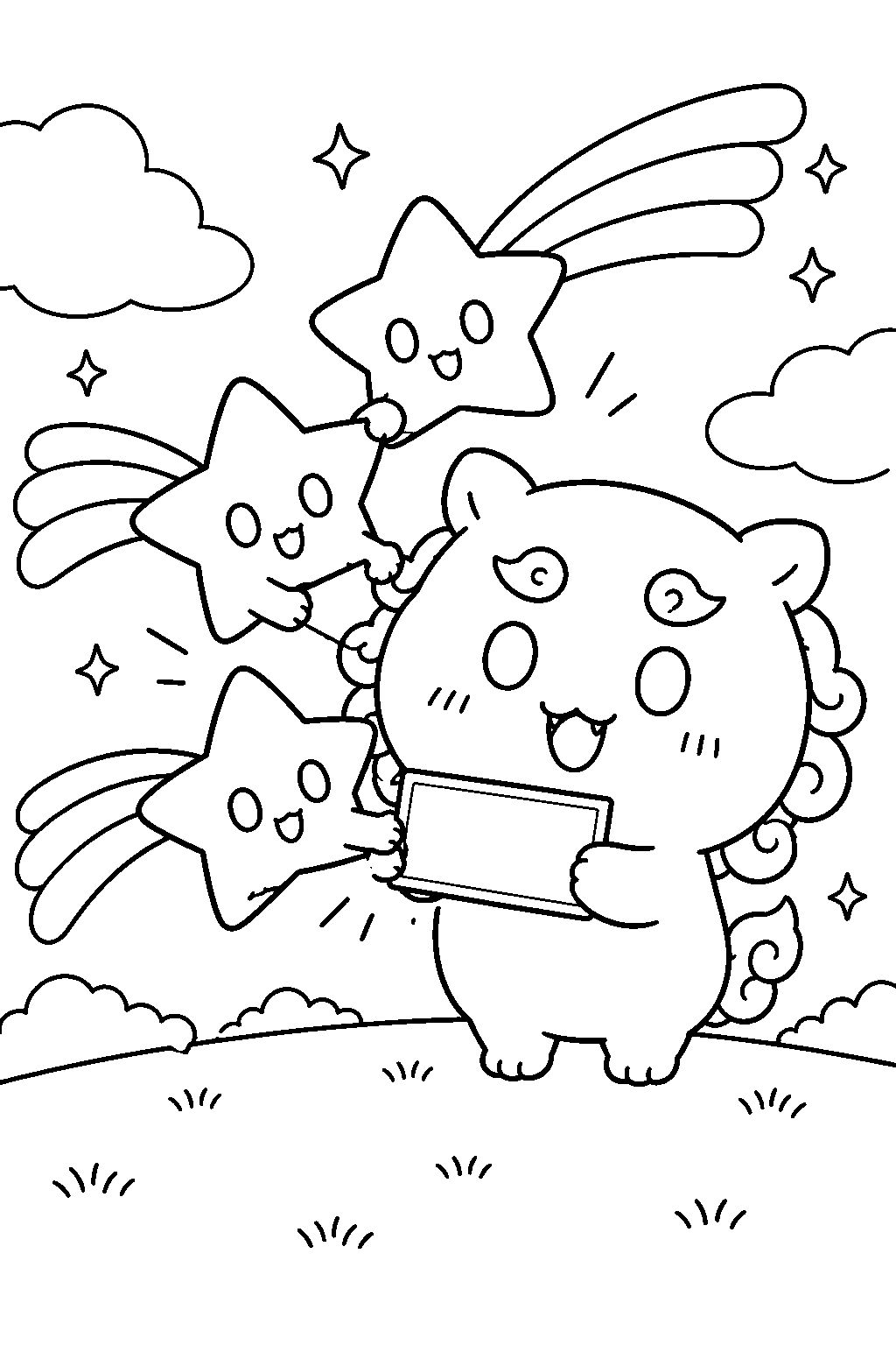 chiikawa shisa receiving a qualification card from three shooting stars line art