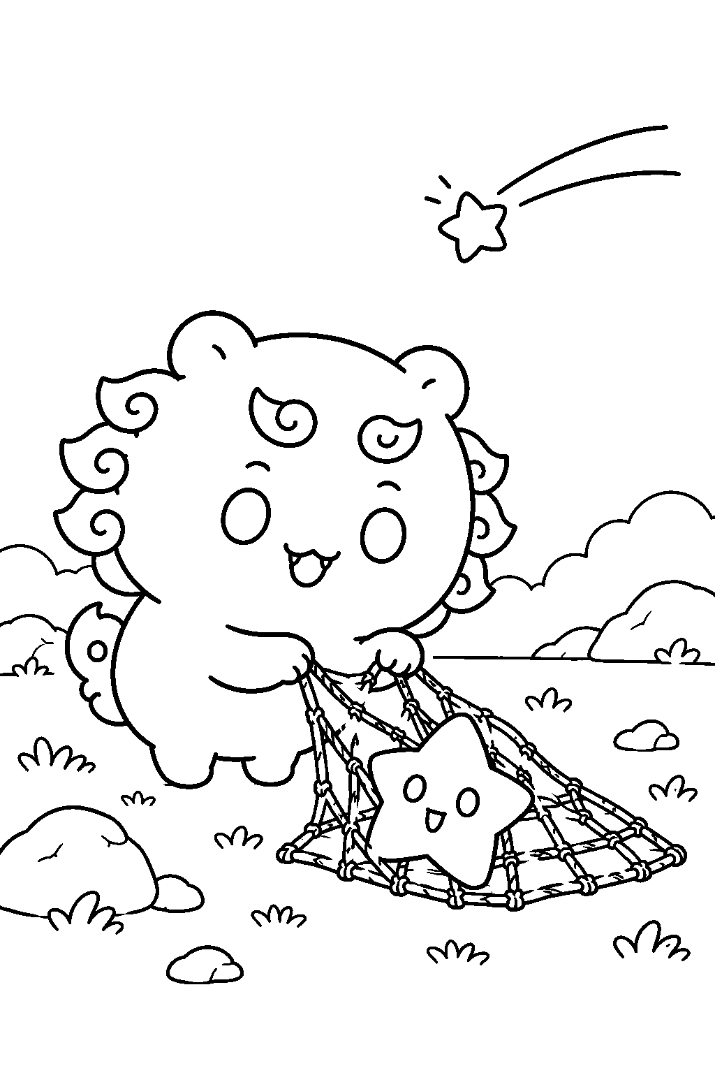 chiikawa shisa rescuing a trapped shooting star line art
