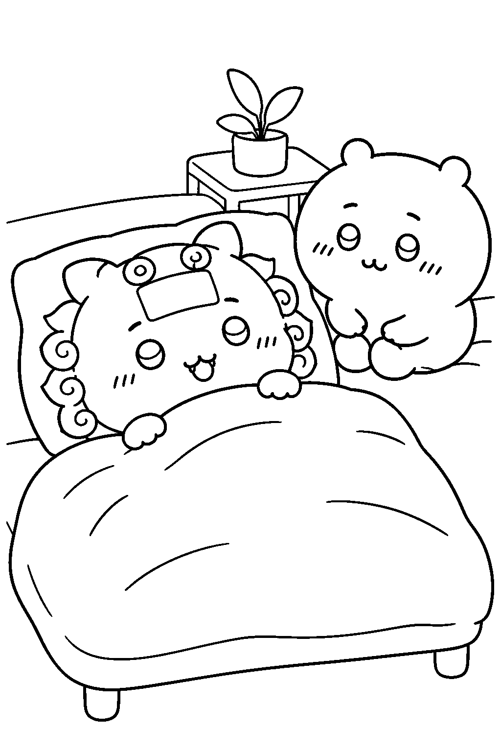 chiikawa shisa resting under a blanket with a cooling patch and chiikawa sitting nearby line art