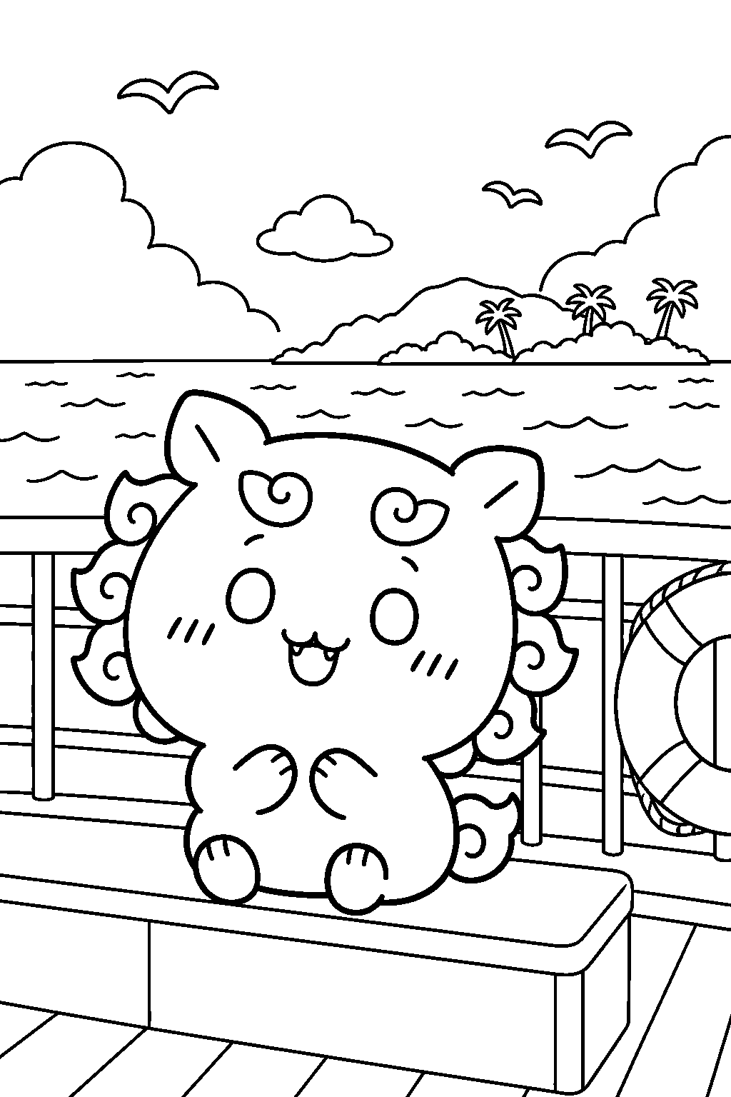 chiikawa shisa riding a ferry to the tropical island line art