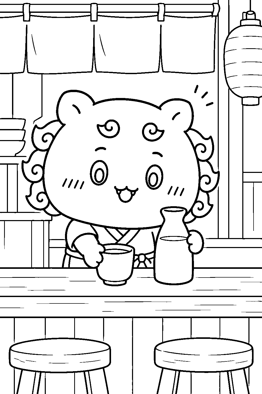 chiikawa shisa serving black oolong tea at the ramen shop line art