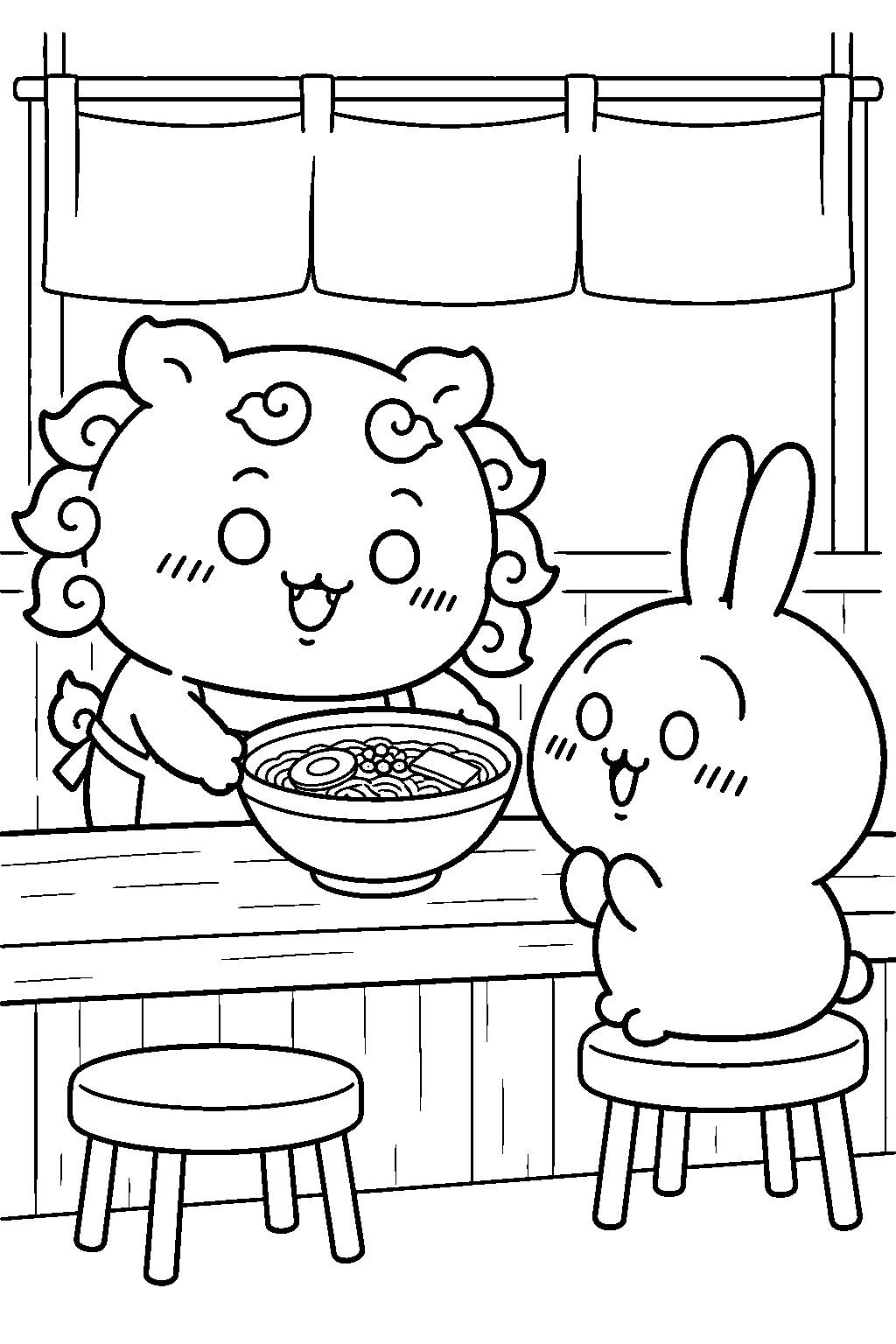 chiikawa shisa serving ramen to usagi line art
