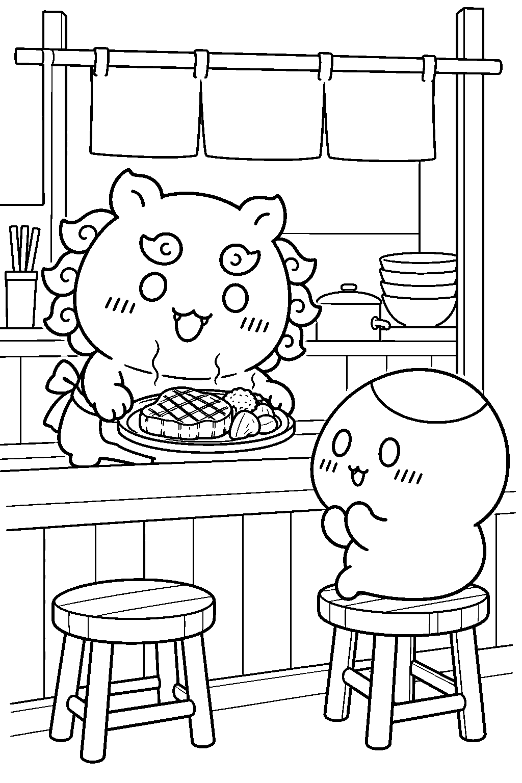 chiikawa shisa serving steak to kurimanju after the ramen shop closes line art