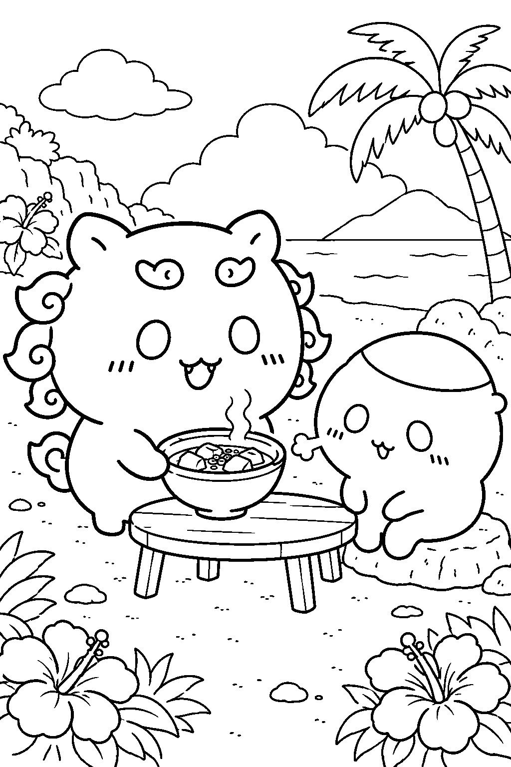 chiikawa shisa serving yushi tofu soup to tired kurimanju on the island line art