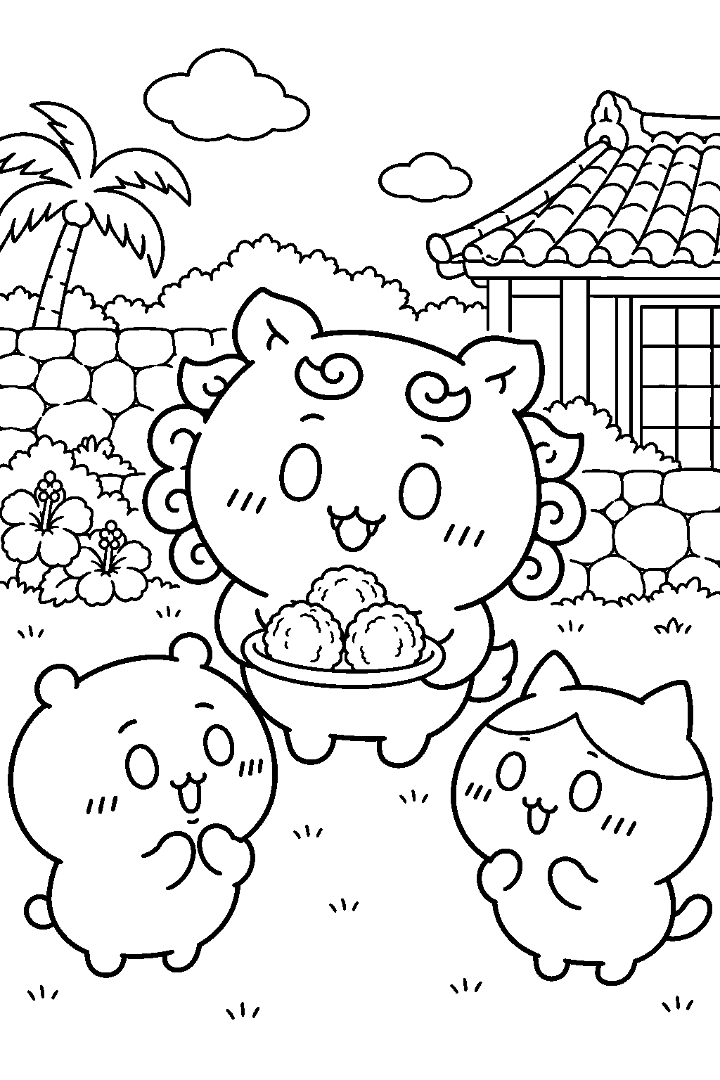 chiikawa shisa sharing sata andagi doughnuts with chiikawa and hachiware line art