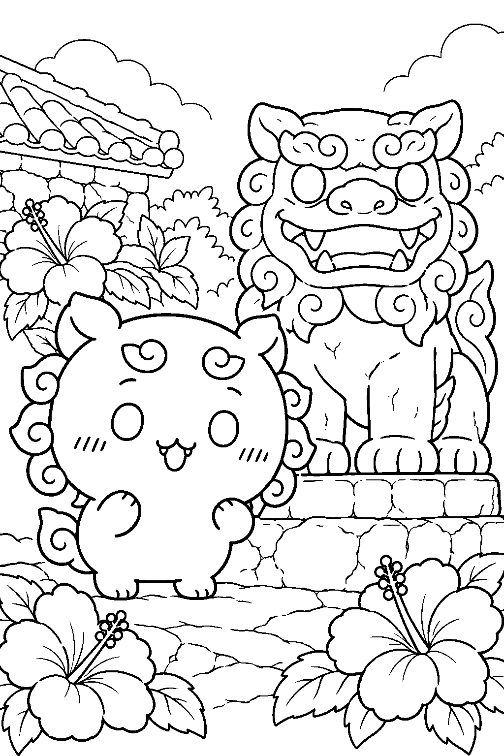 chiikawa shisa standing beside a stone guardian lion among hibiscus flowers line art