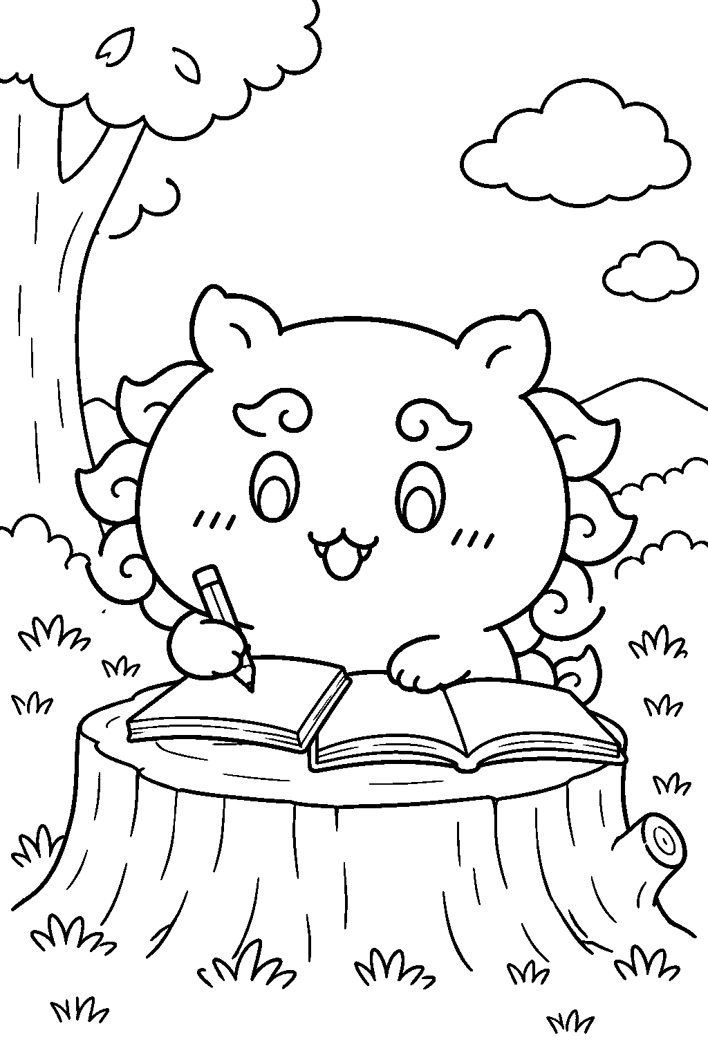 chiikawa shisa studying for a qualification exam at a tree stump line art