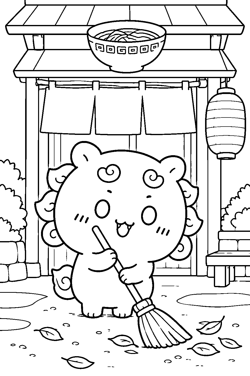 chiikawa shisa sweeping outside the rou ramen shop line art