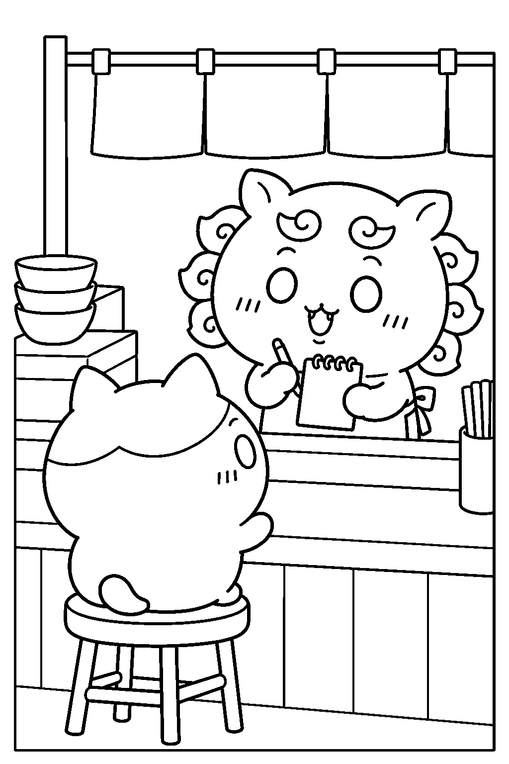 chiikawa shisa taking hachiware s ramen order at the counter line art