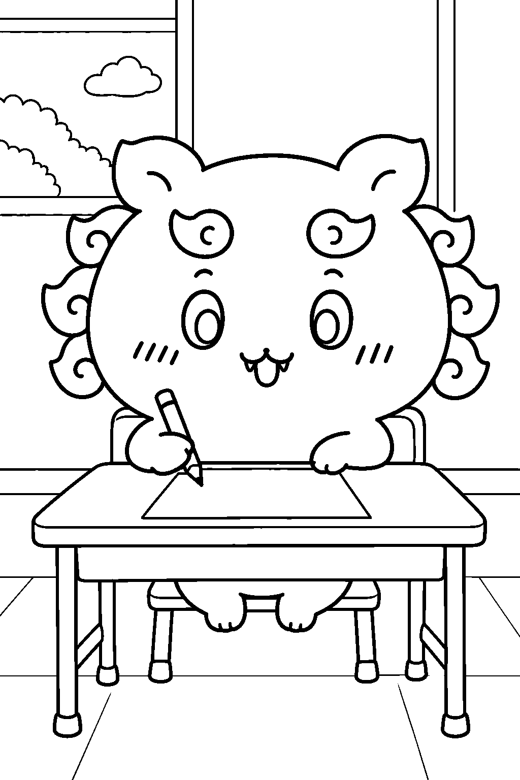 chiikawa shisa taking the super part time worker exam at a desk line art