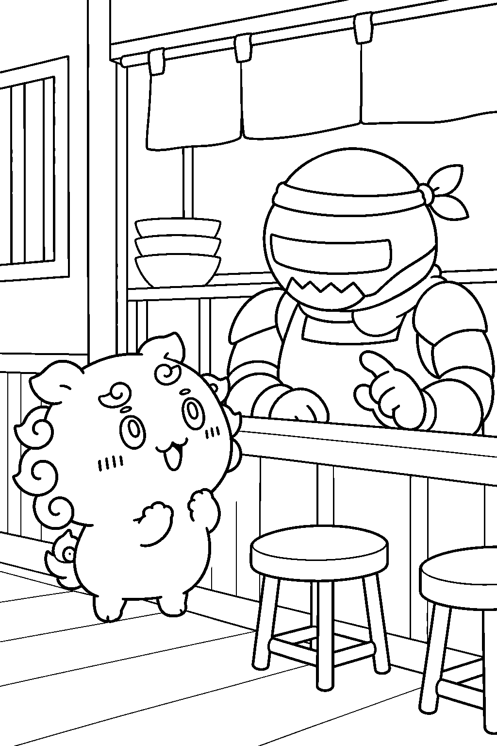 chiikawa shisa talking to ramen yoroi san about the super part time worker qualification line art
