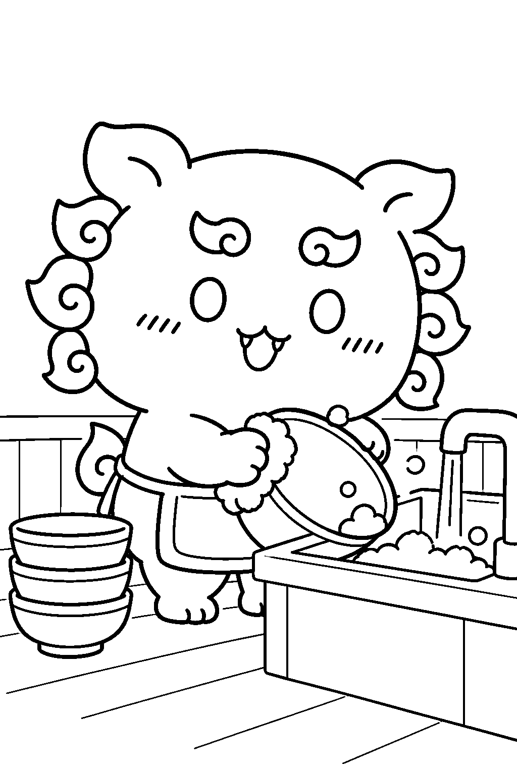 chiikawa shisa washing ramen bowls after closing line art