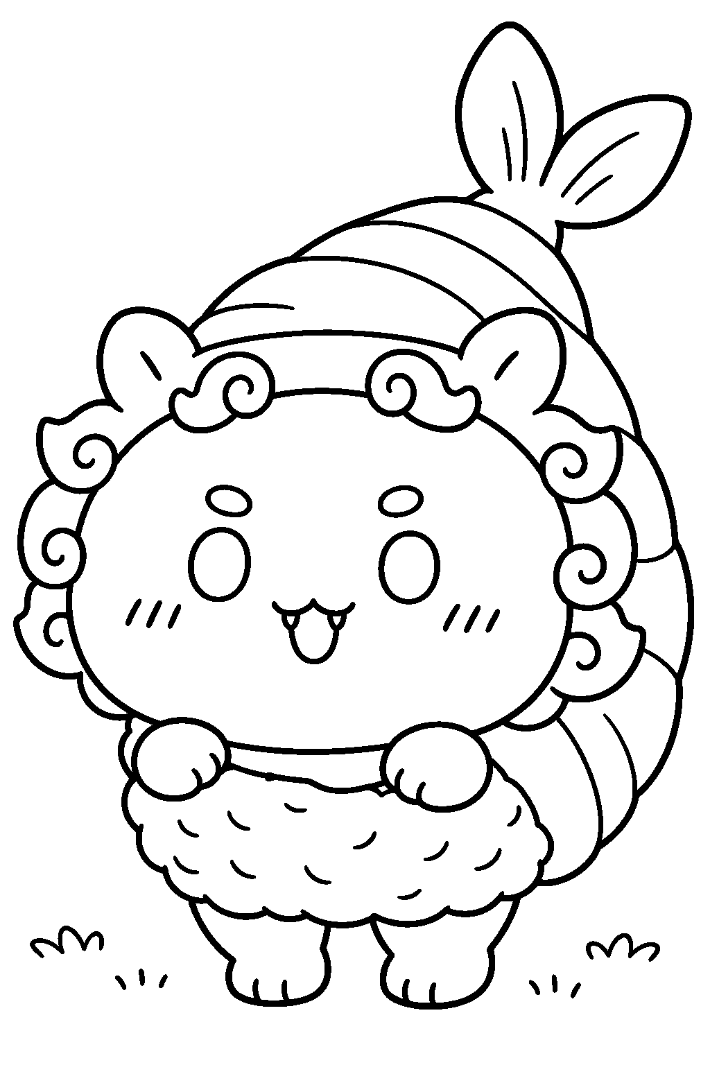 chiikawa shisa wearing the chiikawa sushi shrimp costume line art