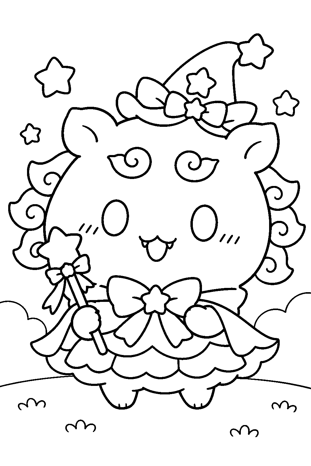 chiikawa shisa wearing the magical chiikawa costume and holding a wand line art