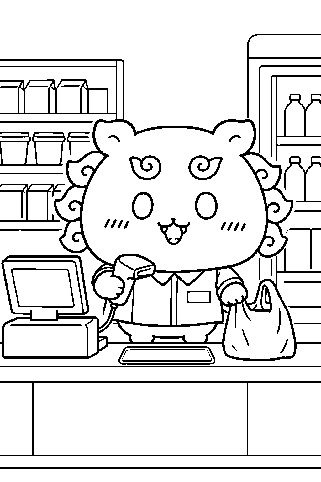 chiikawa shisa working at a convenience store checkout line art