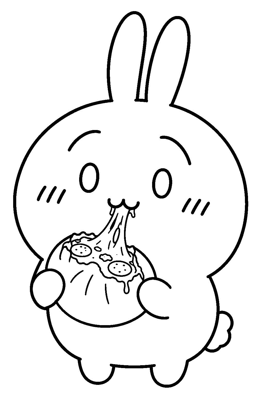 chiikawa usagi biting a pizza bun with stretchy cheese line art