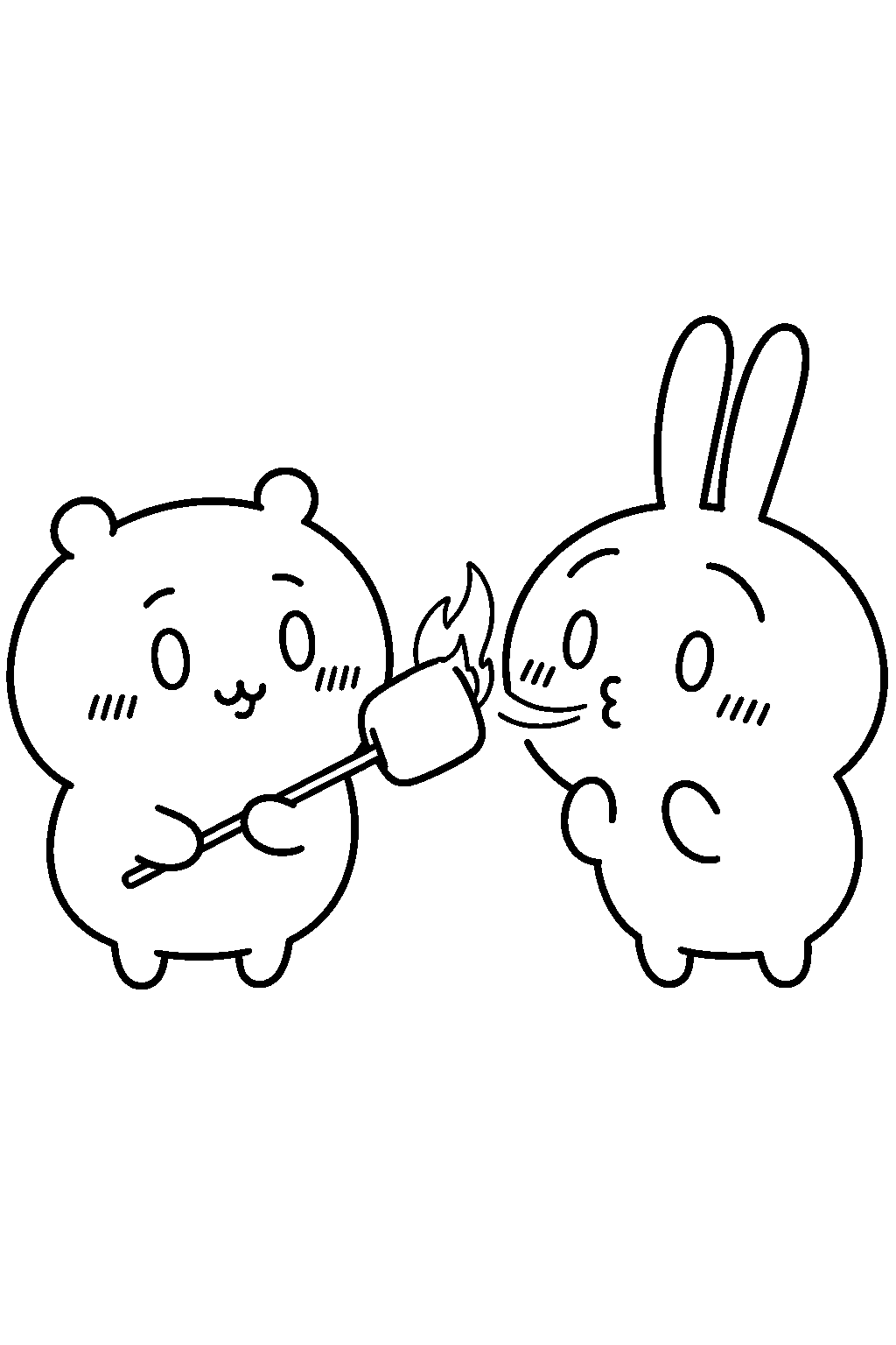 chiikawa usagi blowing out a flaming marshmallow beside chiikawa line art
