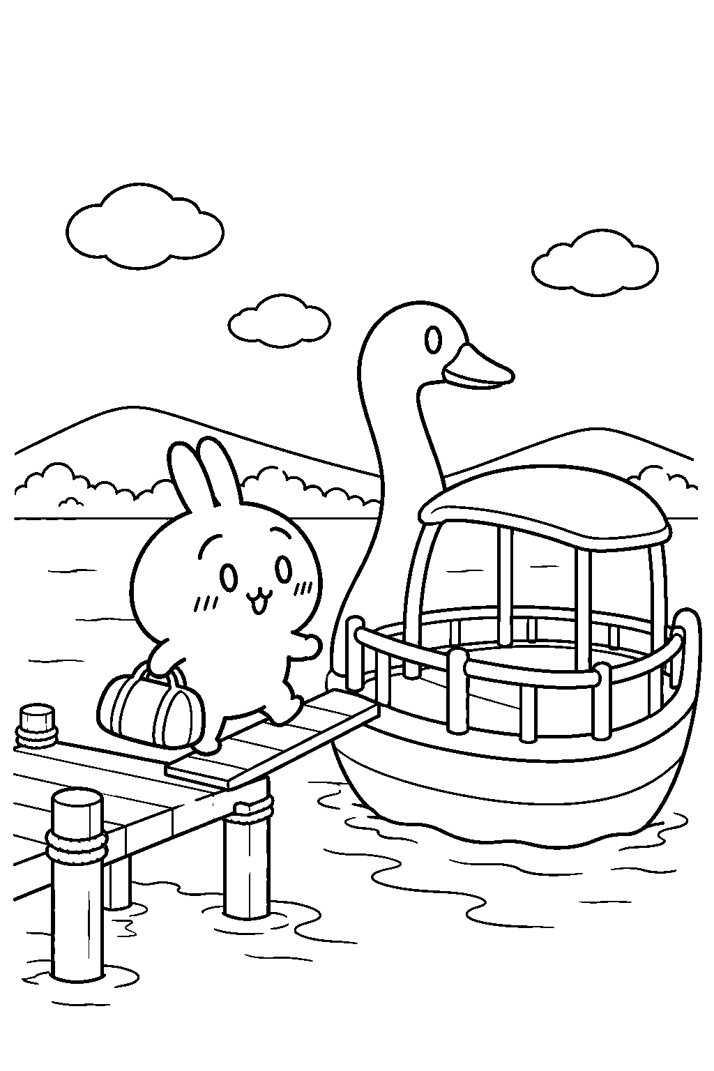 chiikawa usagi boarding a bird shaped boat with travel luggage line art