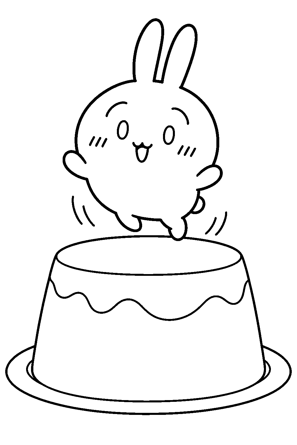 chiikawa usagi bouncing on a giant pudding line art