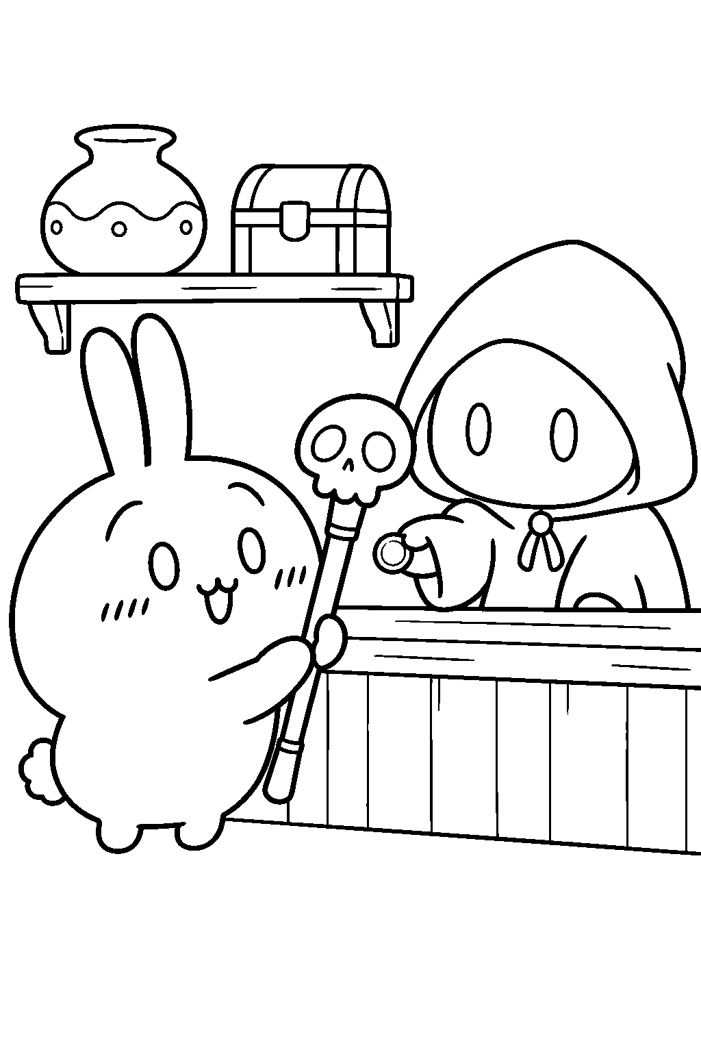 chiikawa usagi buying a skull shaped wand at a secondhand shop line art