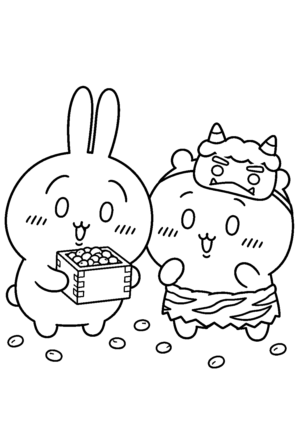 chiikawa usagi carrying a box of setsubun beans beside chiikawa line art