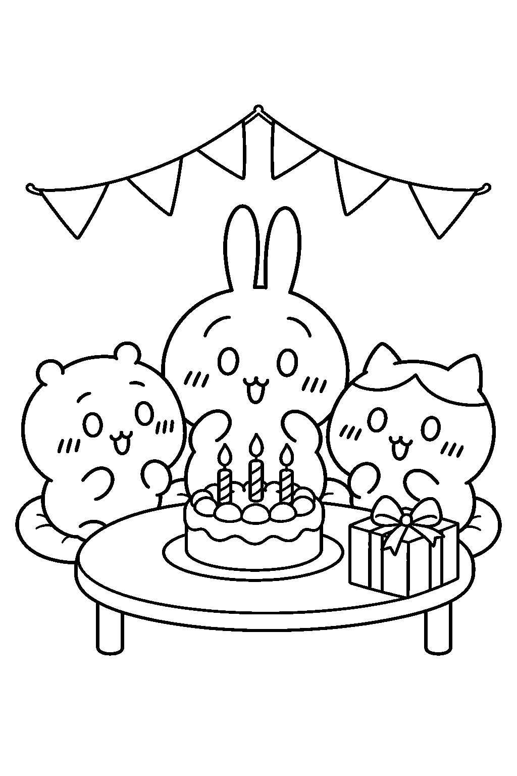 chiikawa usagi celebrating a birthday with chiikawa and hachiware line art