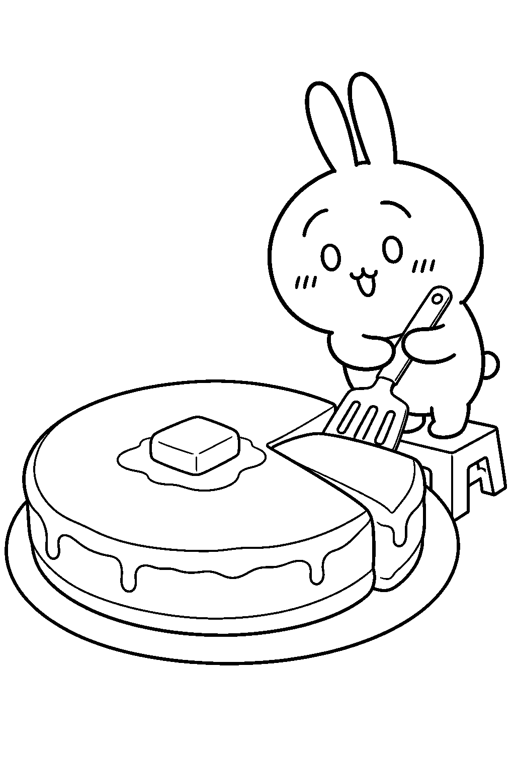chiikawa usagi cutting a giant pancake with a spatula line art
