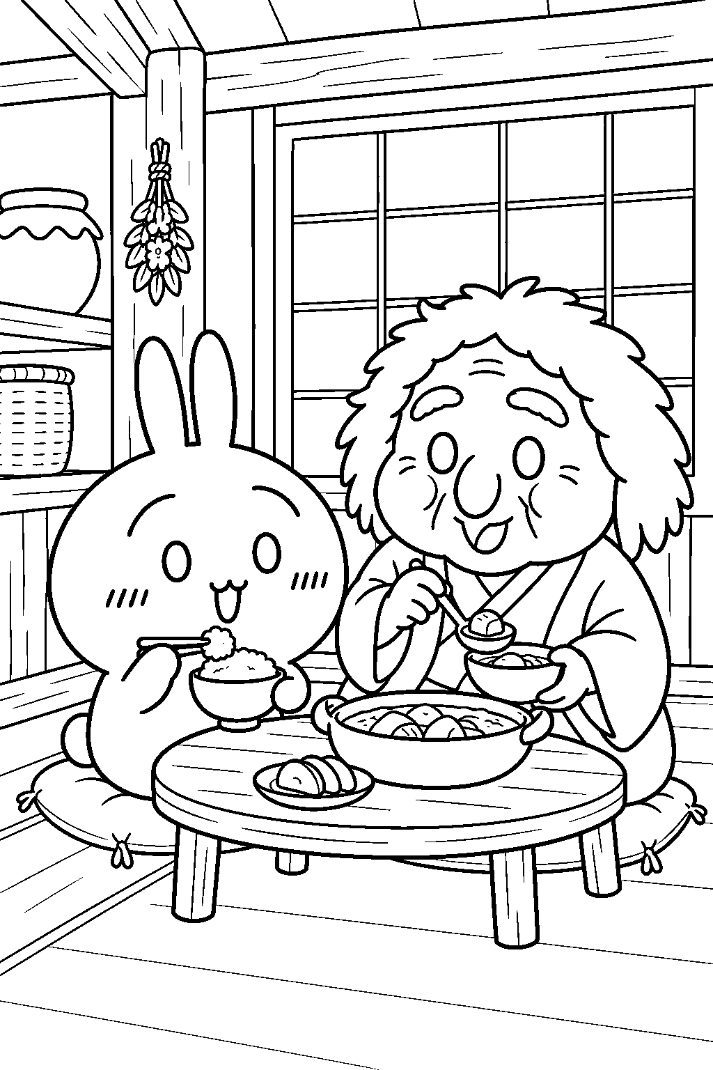 chiikawa usagi eating breakfast with yamanba in a woodland hut line art