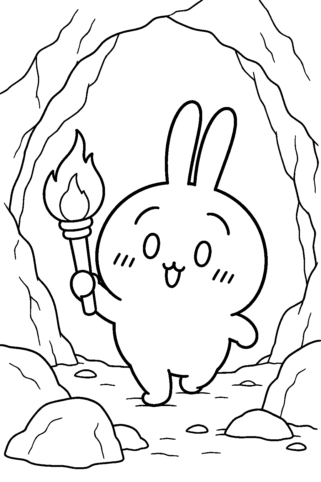 chiikawa usagi exploring an island cave with a torch line art