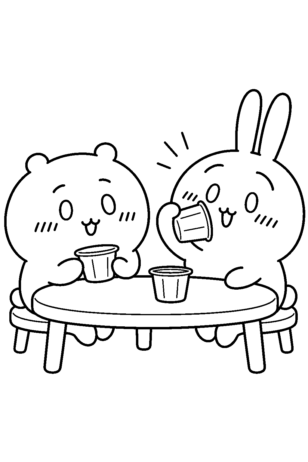 chiikawa usagi finishing pudding cups at a table with chiikawa line art