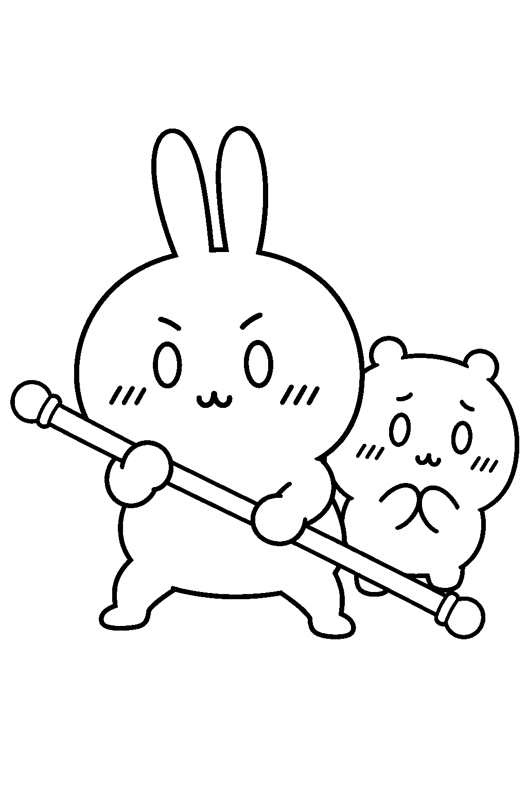 chiikawa usagi guarding chiikawa with a double ended staff line art