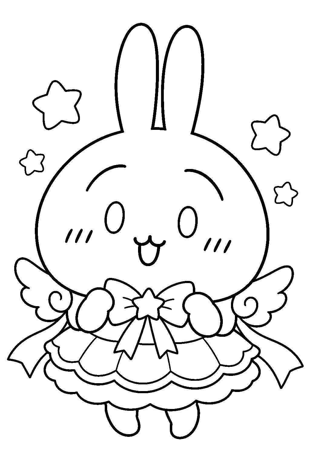 chiikawa usagi in a magical chiikawa costume with ribbons and wings line art