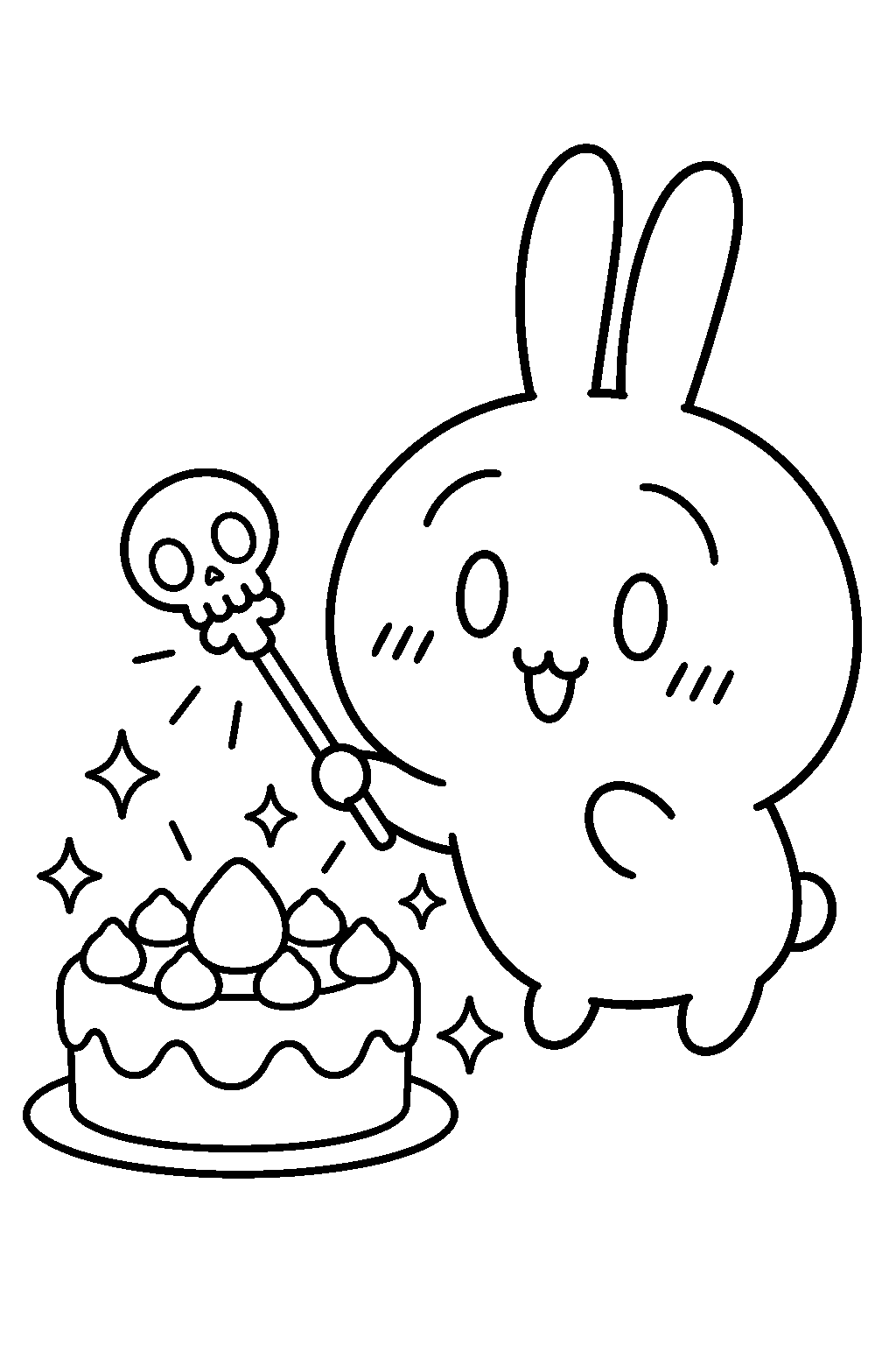 chiikawa usagi making a cake appear with a skull shaped wand line art