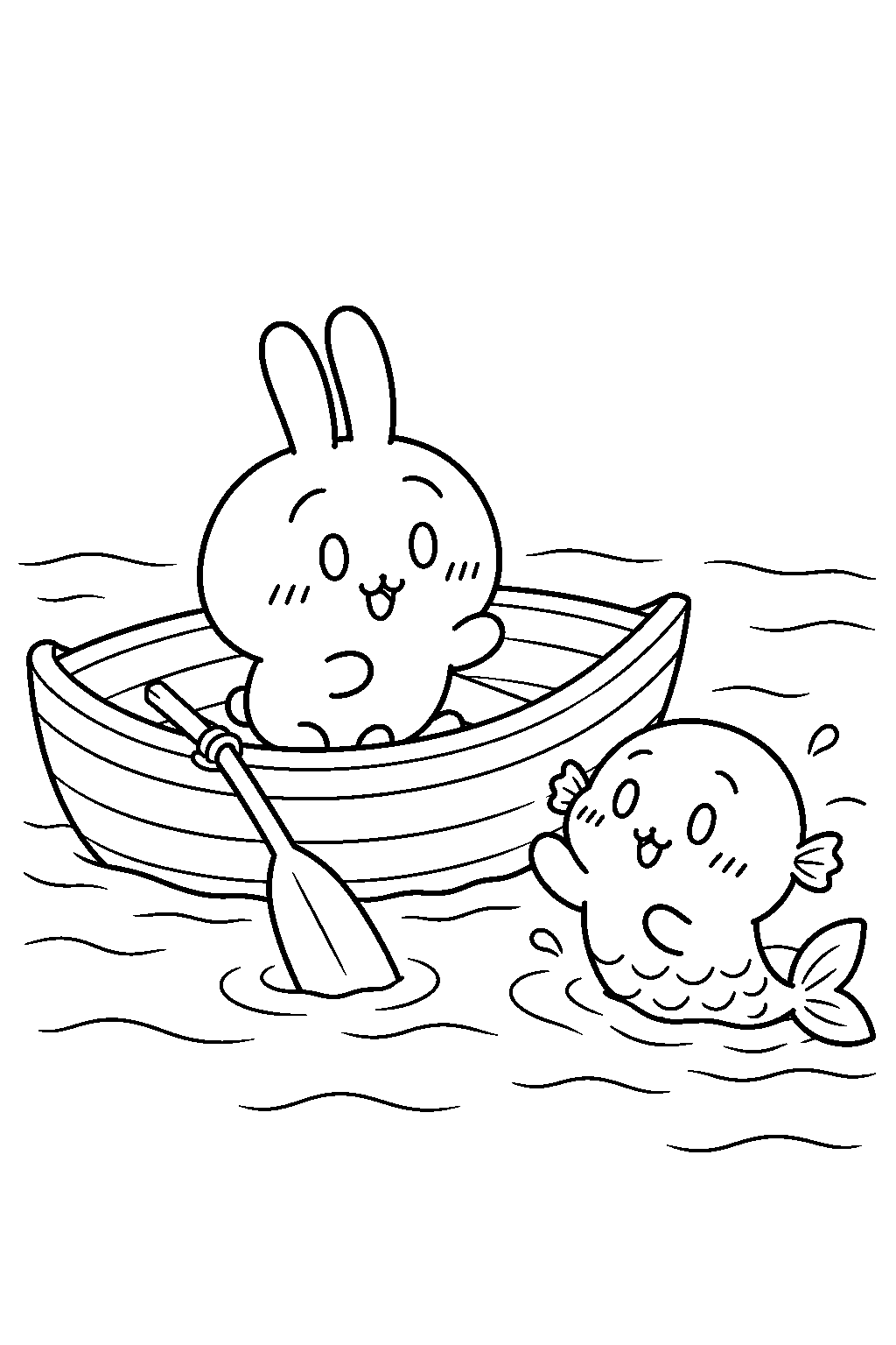 chiikawa usagi meeting a mermaid from a small boat line art