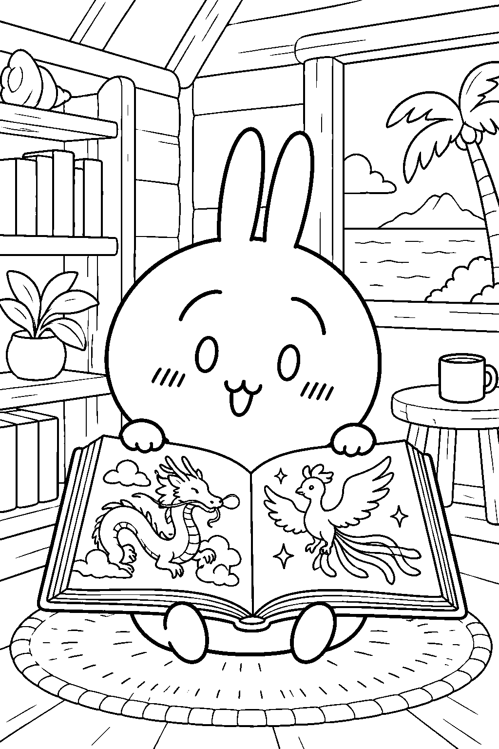 chiikawa usagi opening a book of legendary creatures in an island cottage line art