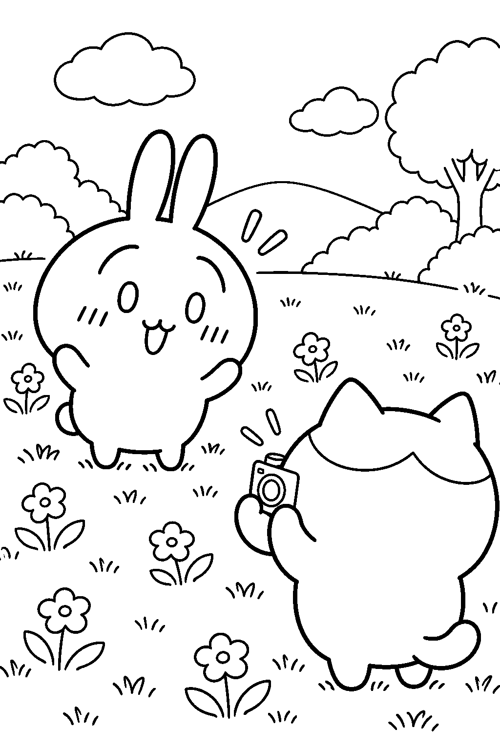 chiikawa usagi posing for hachiware s camera in a meadow line art