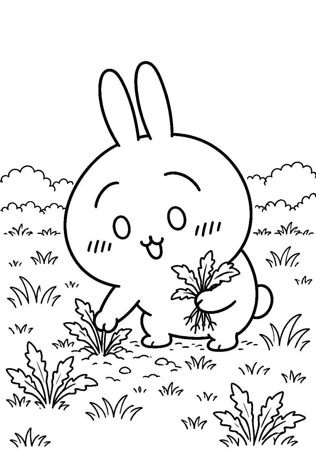 chiikawa usagi pulling weeds in a grassy field line art
