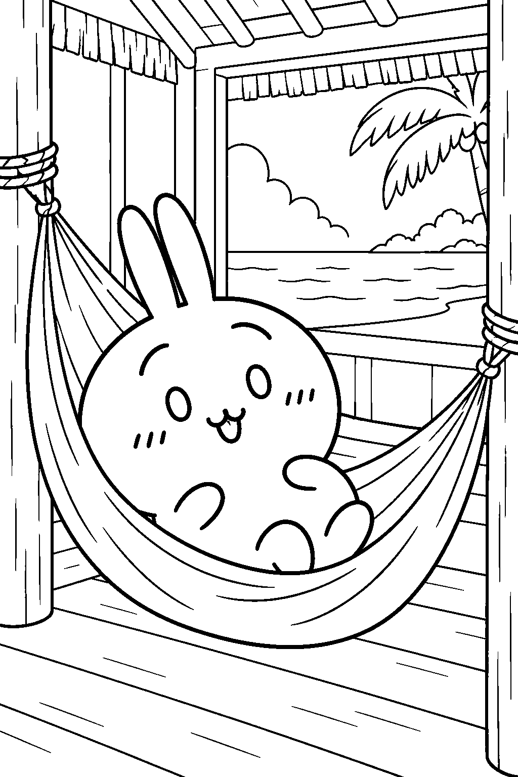 chiikawa usagi relaxing in a hammock inside an island lodge line art