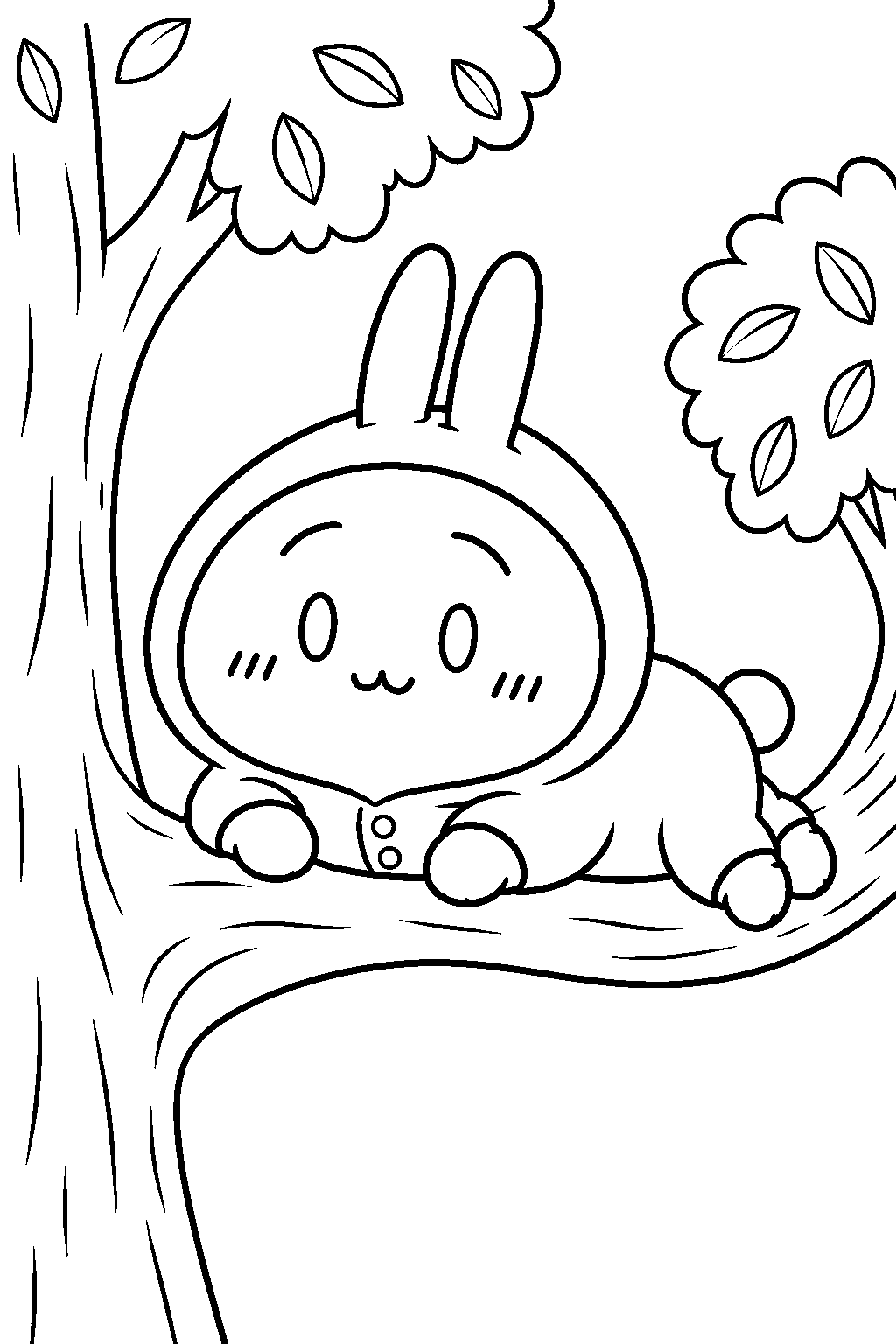 chiikawa usagi resting on a tree branch in hooded pajamas line art